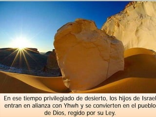 En ese tiempo privilegiado de desierto, los hijos de Israel
entran en alianza con Yhwh y se convierten en el pueblo
de Dios, regido por su Ley.
 