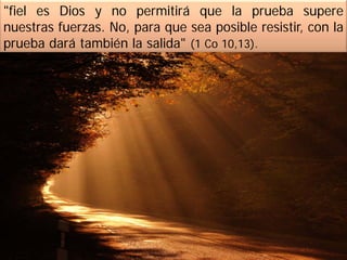 "fiel es Dios y no permitirá que la prueba supere
nuestras fuerzas. No, para que sea posible resistir, con la
prueba dará también la salida" (1 Co 10,13).
 