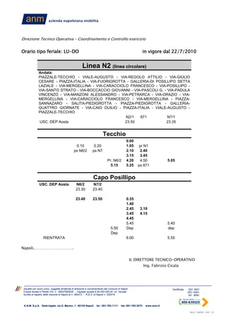 Direzione Tecnico Operativa – Coordinamento e Controllo esercizio


Orario tipo feriale: LU-DO                                                                                     in vigore dal 22/7/2010


                                                       Linea N2 (linea circolare)
               Andata:
               PIAZZALE-TECCHIO - VIALE-AUGUSTO - VIA-REGOLO ATTILIO - VIA-GIULIO
               CESARE - PIAZZA-ITALIA - VIA-FUORIGROTTA - GALLERIA-DI POSILLIPO DETTA
               LAZIALE - VIA-MERGELLINA - VIA-CARACCIOLO FRANCESCO - VIA-POSILLIPO -
               VIA-SANTO STRATO - VIA-BOCCACCIO GIOVANNI - VIA-PASCOLI G. - VIA-PADULA
               VINCENZO - VIA-MANZONI ALESSANDRO - VIA-PETRARCA - VIA-ORAZIO - VIA-
               MERGELLINA - VIA-CARACCIOLO FRANCESCO - VIA-MERGELLINA - PIAZZA-
               SANNAZARO - SALITA-PIEDIGROTTA - PIAZZA-PIEDIGROTTA - GALLERIA-
               QUATTRO GIORNATE - VIA-CAIO DUILIO - PIAZZA-ITALIA - VIALE-AUGUSTO -
               PIAZZALE-TECCHIO
                                                       N2/1   871           N7/1
                USC. DEP Aosta                         23.50               23.35


                                                                          Tecchio
                                                                                               0.00
                                                0.10             0.20                          1.05      pr N1
                                               ps N6/2          ps N7                          2.10      2.40
                                                                                               3.15      3.45
                                                                              Pr. N6/2         4.20      4.50                5.05
                                                                                5.15           5.25     ps 871


                                                                 Capo Posillipo
               USC. DEP Aosta                    N6/2           N7/2
                                                 23.30          23.40

                                                 23.40          23.50                          0.35
                                                                                               1.40
                                                                                               2.45       3.10
                                                                                               3.45       4.15
                                                                                               4.45
                                                                                               5.45                          5.40
                                                                                 5.50          Dep                           dep
                                                                                 Dep
                   RIENTRATA                                                                   6.00                          5.55

Napoli,………………………….


                                                                                                    IL DIRETTORE TECNICO-OPERATIVO
                                                                                                               Ing. Fabrizio Cicala




 Società con socio unico, soggetta all'attività di direzione e coordinamento del Comune di Napoli                              Certificata    ISO 9001
 Codice fiscale e Partita IVA n.: 06937950639 - Capitale sociale € 90.000.000,00 int. Versato                                                ISO 14001
 Iscritta al registro delle imprese di Napoli al n. 364472 - R.E.A. di Napoli n. 539416                                                       SA 8000



 A.N.M. S.p.A. Sede legale: via G. Marino, 1 - 80125 Napoli         tel.: 081-763.1111     fax: 081-763.2070    www.anm.it

                                                                                                                                              Mod CARTA INT 03
 