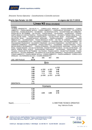 Direzione Tecnico Operativa – Coordinamento e Controllo esercizio

Orario tipo feriale: LU-DO                                                                                     in vigore dal 22/7/2010
                                                       Linea N3 (linea circolare)
    Andata:
    VIA-BRIN BENEDETTO - VIA-VOLTA A. - CORSO-LUCCI ARNALDO - PIAZZA-GARIBALDI - CORSO-
    UMBERTO I - PIAZZA-AMORE NICOLA - CORSO-UMBERTO I - PIAZZA-BOVIO GIOVANNI - VIA-DEPRETIS
    AGOSTINO - PIAZZA-MUNICIPIO - VIA-MEDINA - VIA-MONTEOLIVETO - VIA-SANT'ANNA DEI LOMBARDI -
    PIAZZA-SETTE SETTEMBRE - VIA-TOLEDO - PIAZZA-DANTE - VIA-PESSINA - VIA-BROGGIA - STRADA-
    SANTA MARIA DI COSTANTINOPOLI - PIAZZA-MUSEO NAZIONALE - VIA-SANTA TERESA DEGLI SCALZI -
    VIA-SALVATOR ROSA - PIAZZETTA-PONTECORVO - VIA-SALVATOR ROSA - PIAZZA-MAZZINI - VIA-
    SALVATOR ROSA - VIA-SANTACROCE GIROLAMO - PIAZZA-LEONARDO - VIA-SUAREZ - PIAZZA-
    IMMACOLATA - VIA-MENZINGER - PIAZZA-MEDAGLIE D'ORO - VIA-TINO DI CAMAINO - PIAZZA-DEGLI
    ARTISTI - VIA-GIORDANO LUCA - VIA-CARELLI CONSALVO - VIA-DORIA GINO - VIA-CESI BENIAMINO - VIA-
    FRACANZANO FRANCESCO - VIA-GEMITO VINCENZO - VIA-CILEA FRANCESCO - VIA-PRETI MATTIA - VIA-
    CIMAROSA DOMENICO - VIA-BERNINI - PIAZZA-VANVITELLI - VIA-BERNINI - PIAZZA-FANZAGO - VIALE-
    MICHELANGELO BUONARROTI - - PIAZZA-LEONARDO - VIA-SANTACROCE GIROLAMO - VIA-SALVATOR
    ROSA - PIAZZA-MAZZINI - VIA-SALVATOR ROSA - PIAZZETTA-PONTECORVO - VIA-SALVATOR ROSA - VIA-
    SANTA TERESA DEGLI SCALZI - PIAZZA-MUSEO NAZIONALE - VIA-PESSINA - PIAZZA-DANTE - VIA-
    TOLEDO - PIAZZA-SETTE SETTEMBRE - VIA-TOLEDO - PIAZZA-CARITA' - VIA-BATTISTI CESARE - PIAZZA-
    MATTEOTTI - VIA-DIAZ ARMANDO - VIA-SANFELICE GUGLIELMO CARDINALE - PIAZZA-BOVIO GIOVANNI -
    CORSO-UMBERTO I - PIAZZA-AMORE NICOLA - CORSO-UMBERTO I - PIAZZA-GARIBALDI - CORSO-LUCCI
    ARNALDO - VIA-FERRARIS GALILEO - VIA-BRIN BENEDETTO
                                                  N3                      896             891           885
    USC. DEP PUGLIE                              23.35

                                                                               Brin
                                                  0.00                                                 pr 885
                                                  1.00                 pr 896          pr 891           1.40
                                                  2.00                  2.10            2.20            2.40
                                                  3.00                  3.10            3.20            3.40
                                                  3.55                 ps 896          ps 891          ps 885
                                                  4.55
                                                  5.49
                                                  dep
    RIENTRATA                                     6.09

                                                                          Vomero
                                                  0.30
                                                  1.30                                                  2.00
                                                  2.20                   2.35            2.50           3.10
                                                  3.30
                                                  4.20
                                                  5.20

Napoli,………………………….                                                                                  IL DIRETTORE TECNICO-OPERATIVO
                                                                                                               Ing. Fabrizio Cicala




 Società con socio unico, soggetta all'attività di direzione e coordinamento del Comune di Napoli                              Certificata    ISO 9001
 Codice fiscale e Partita IVA n.: 06937950639 - Capitale sociale € 90.000.000,00 int. Versato                                                ISO 14001
 Iscritta al registro delle imprese di Napoli al n. 364472 - R.E.A. di Napoli n. 539416                                                       SA 8000



 A.N.M. S.p.A. Sede legale: via G. Marino, 1 - 80125 Napoli         tel.: 081-763.1111     fax: 081-763.2070    www.anm.it

                                                                                                                                              Mod CARTA INT 03
 
