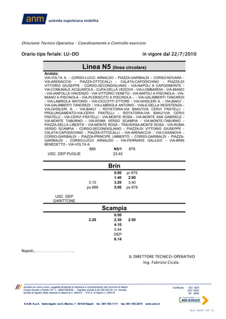 Direzione Tecnico Operativa – Coordinamento e Controllo esercizio

Orario tipo feriale: LU-DO                                                                                     in vigore dal 22/7/2010

                                                       Linea N5 (linea circolare)
                    Andata:
                    VIA-VOLTA A. - CORSO-LUCCI ARNALDO - PIAZZA-GARIBALDI - CORSO-NOVARA -
                    VIA-ARENACCIA - PIAZZA-OTTOCALLI - CALATA-CAPODICHINO - PIAZZA-DI
                    VITTORIO GIUSEPPE - CORSO-SECONDIGLIANO - VIA-NAPOLI A CAPODIMONTE -
                    VIA-COMUNALE ACQUAROLA - CUPA-DELLA VEDOVA - VIA-LOMBARDIA - VIA-MIANO
                    - VIA-IANFOLLA VINCENZO - VIA-VITTORIO VENETO - VIA-NAPOLI A PISCINOLA - VIA-
                    MIANO A PISCINOLA - VIA-PLEBISCITO A PISCINOLA - - VIA-GALIMBERTI TANCREDI
                    - VIA-LABRIOLA ANTONIO - VIA-CICCOTTI ETTORE - VIA-GHISLERI A. - VIA-BAKU' -
                    VIA-GALIMBERTI TANCREDI - VIA-LABRIOLA ANTONIO - VIALE-DELLA RESISTENZA -
                    VIA-GHISLERI A. - VIA-BAKU' - ROTATORIA-VIA BAKU'/VIA CERVI FRATELLI -
                    PROLUNGAMENTO-VIA-CERVI FRATELLI - ROTATORIA-VIA BAKU'/VIA CERVI
                    FRATELLI - VIA-CERVI FRATELLI - VIA-MONTE ROSA - VIA-MONTE SAN GABRIELE -
                    VIA-MONTE TABURNO - VIA-ROMA VERSO SCAMPIA - VIA-MONTE-TABURNO -
                    PIAZZA-DELLA LIBERTA' - VIA-MONTE ROSA - TRAVERSA-MONTE ROSA - VIA-ROMA
                    VERSO SCAMPIA - CORSO-SECONDIGLIANO - PIAZZA-DI VITTORIO GIUSEPPE -
                    CALATA-CAPODICHINO - PIAZZA-OTTOCALLI - VIA-ARENACCIA - VIA-CASANOVA -
                    CORSO-GARIBALDI - PIAZZA-PRINCIPE UMBERTO - CORSO-GARIBALDI - PIAZZA-
                    GARIBALDI - CORSO-LUCCI ARNALDO - VIA-FERRARIS GALILEO - VIA-BRIN
                    BENEDETTO - VIA-VOLTA A.
                                                             889                   N5/1             879
                       USC. DEP PUGLIE                                             23.40


                                                                               Brin
                                                                                    0.00       pr 879
                                                                                    1.40        2.00
                                                            3.10                    3.20        3.40
                                                           ps 889                   5.00       ps 879

                             USC. DEP
                            GARITTONE

                                                                         Scampia
                                                                                    0.50
                                                             2.20                   2.30            2.50
                                                                                    4.10
                                                                                    5.44
                                                                                    DEP
                                                                                    6.14


Napoli,………………………….
                                                                                                    IL DIRETTORE TECNICO-OPERATIVO
                                                                                                               Ing. Fabrizio Cicala




 Società con socio unico, soggetta all'attività di direzione e coordinamento del Comune di Napoli                              Certificata    ISO 9001
 Codice fiscale e Partita IVA n.: 06937950639 - Capitale sociale € 90.000.000,00 int. Versato                                                ISO 14001
 Iscritta al registro delle imprese di Napoli al n. 364472 - R.E.A. di Napoli n. 539416                                                       SA 8000



 A.N.M. S.p.A. Sede legale: via G. Marino, 1 - 80125 Napoli         tel.: 081-763.1111     fax: 081-763.2070    www.anm.it

                                                                                                                                              Mod CARTA INT 03
 