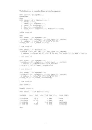 The test table can be created and data can now be populated:

SQL> connect vpd/vpd@zulia
Connected.
SQL>
SQL> create table transactions (
  2 trndate date,
  3 credit_val number(12,2),
  4 debit_val number(12,2),
  5 trn_type varchar2(10),
  6 cost_center varchar2(10)) tablespace users;

Table created.

SQL>
SQL> insert into transactions
(trndate,credit_val,debit_val,trn_type,cost_center)
  2 values (to_date('15-OCT-2003','DD-MON-
YYYY'),100.10,0.0,'PAY','CASH');

1 row created.

SQL> insert into transactions
(trndate,credit_val,debit_val,trn_type,cost_center)
  2 values (to_date('15-OCT-2003','DD-MON-YYYY'),50.23,0.0,'PAY','CASH');

1 row created.

SQL> insert into transactions
(trndate,credit_val,debit_val,trn_type,cost_center)
  2 values (to_date('15-OCT-2003','DD-MON-
YYYY'),0.0,230.20,'INV','ACCOUNTS');

1 row created.

SQL> insert into transactions
(trndate,credit_val,debit_val,trn_type,cost_center)
  2 values (to_date('15-OCT-2003','DD-MON-
YYYY'),15.24,0.0,'INT','ACCOUNTS');

1 row created.

SQL> commit;

Commit complete.

SQL> select * from transactions;

TRNDATE   CREDIT_VAL DEBIT_VAL TRN_TYPE                   COST_CENTE
--------- ---------- ---------- ----------                ----------
15-OCT-03      100.1          0 PAY                       CASH
15-OCT-03      50.23          0 PAY                       CASH
15-OCT-03          0      230.2 INV                       ACCOUNTS
15-OCT-03      15.24          0 INT                       ACCOUNTS

SQL>




                                      4
 