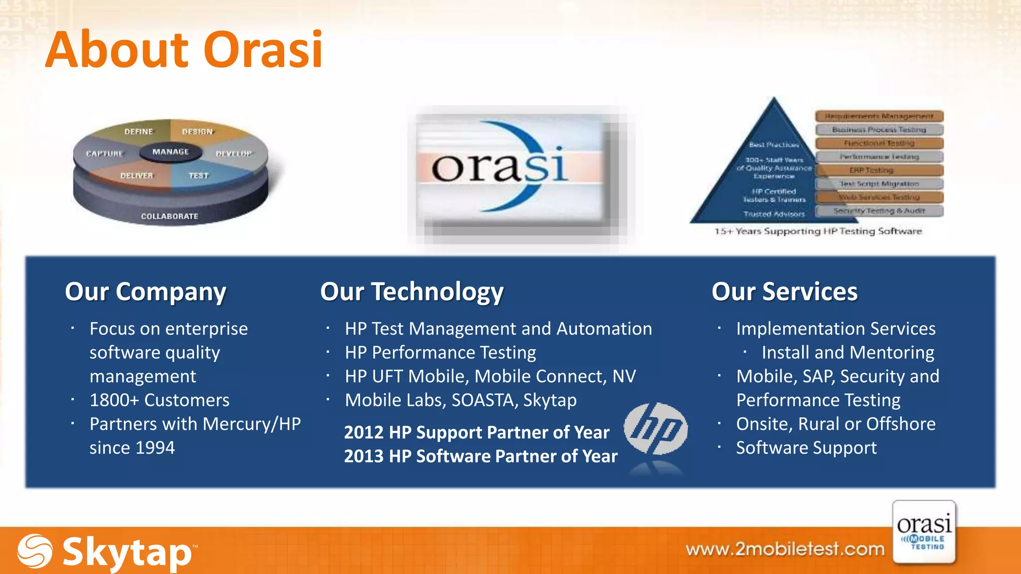 About Orasi 
Our Company 
∙ Focus on enterprise 
software quality 
management 
∙ 1800+ Customers 
∙ Partners with Mercury/HP 
since 1994 
Our Technology 
∙ HP Test Management and Automation 
∙ HP Performance Testing 
∙ HP UFT Mobile, Mobile Connect, NV 
∙ Mobile Labs, SOASTA, Skytap 
2012 HP Support Partner of Year 
2013 HP Software Partner of Year 
Our Services 
∙ Implementation Services 
∙ Install and Mentoring 
∙ Mobile, SAP, Security and 
Performance Testing 
∙ Onsite, Rural or Offshore 
∙ Software Support 
 
