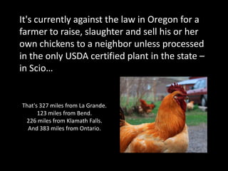 It's currently against the law in Oregon for a farmer to raise, slaughter and sell his or her own chickens to a neighbor unless processed in the only USDA certified plant in the state –in Scio… That's 327 miles from La Grande.  123 miles from Bend. 226 miles from Klamath Falls.  And 383 miles from Ontario. 
