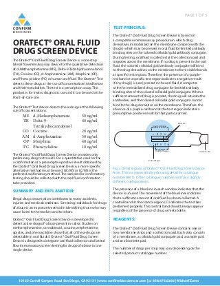 PAGE 1 OF 5
10123 Carroll Canyon Road San Diego, CA 92131 | www.confirmbiosciences.com | p: 858.875.0266 | Michael Zures
ORATECT® ORAL FLUID
DRUG SCREEN DEVICE
The Oratect® Oral Fluid Drug Screen Device is a one-step
lateral flowimmunoassay device for the qualitative detection
of d-Methamphetamine (ME), Delta-9-Tetrahydrocannabinol
(TH), Cocaine (CO), d-Amphetamine (AM), Morphine (OP),
and Phencyclidine (PC) in human oral fluid. The Oratect® Test
detects these drugs at the cut-off concentration listed below
and their metabolites. The test is a prescription assay. This
product is for invitro diagnostic use and it can be used at the
Point-of-Care site.
The Oratect® Test device detects these drugs at the following
cut-off concentrations:
The Oratect® Oral Fluid Drug Screen Device provides only
preliminary drug test results. For a quantitative result or for
a confirmation of a presumptive positive result obtained by
the Oratect® Oral Fluid Drug Screen Device, a more specific
alternative method must be used. GC/MS or LC/MS is the
preferred confirmatory method. The samples for confirmatory
testing should be collected with the oral fluid confirmation
tube provided.
SUMMARY AND EXPLANATION:
Illegal drug consumption contributes to many accidents,
injuries and medicalconditions. Screening individuals for drugs
of abuse is an important method in identifying those who may
cause harm to themselves and to others.
Oratect® Oral Fluid Drug Screen Device is developed to
detect active drugsof- abuse present in saliva. Studies on
methamphetamine, cannabinoid, cocaine, amphetamine,
opiates, and phencyclidine show that all of these drugs are
detectable in oral fluids5. Oratect® Oral Fluid Drug Screen
Device is designed to integrate oral fluid collection and lateral
flow immunoassay screen testing for drugs-of-abuse in one
single device.
TEST PRINCIPLE:
The Oratect® Oral Fluid Drug Screen Device is based on
a competitive immunoassay procedure in which drug
derivatives immobilized on the membrane compete with the
drug(s) which may be present in oral fluid for limited antibody
binding sites on the colored colloidal gold antibody conjugate.
During testing, oral fluid is collected at the collection pad and
migrates across the membrane. If no drug is present in the oral
fluid, the colored colloidal gold antibody conjugate will bind
to the drug derivatives on the membrane to form visible bands
at specific test regions. Therefore, the presence of a purple-
red band at a specific test region indicates a negative result.
If any drug(s) is (are) present in the oral fluid, it competes
with the immobilized drug conjugate for limited antibody
binding sites of the colored colloidal gold conjugate. When a
sufficient amount of drug is present, the drug will saturate the
antibodies, and the colored colloidal gold conjugate cannot
bind to the drug derivative on the membrane. Therefore, the
absence of a purple-red band at the test region indicates a
presumptive positive result for that particular test.
Fig. a Detail regions of Oratect® Oral Fluid Drug Screen Device.
Note: This is a representative drawing detail for catalogue
number HM15. Other catalogue numbers will have slightly
different configurations.
The presence of a blue line in each window indicates that the
device is unused. The movement of the blue lines indicates
that a sufficient amount of oral fluid has been collected. A
control band at the control region (C) indicates the test has
performed properly. This control band should always appear
regardless of the presence of drug or metabolite.
REAGENTS:
The Oratect® Oral Fluid Drug Screen Device contains one or
two membrane strips and a collection pad. Each strip consists
of a membrane, a colloidal gold conjugate pad, a sample pad
and an absorbent pad.
The number of drugs per strip may vary depending on the
selected product catalogue number.
Control Region
C
ME
TH
CO
C
AM
OP
PC
Collection PadDrugTest Region
DrugTestWindow
Blue Line
ME
TH
CO
AM
OP
PC
d-Methamphetamine
Delta-9-
Tetrahydrocannabinol
Cocaine
d-Amphetamine
Morphine
Phencyclidine
50 ng/ml
40 ng/ml
20 ng/ml
50 ng/ml
40 ng/ml
10 ng/ml
 