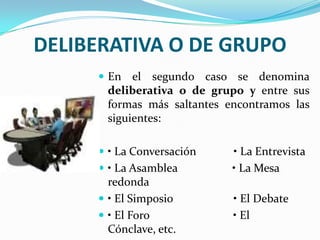 DELIBERATIVA O DE GRUPO
      En el   segundo caso se denomina
      deliberativa o de grupo y entre sus
      formas más saltantes encontramos las
      siguientes:

      • La Conversación    • La Entrevista
      • La Asamblea        • La Mesa
       redonda
      • El Simposio        • El Debate
      • El Foro            • El
       Cónclave, etc.
 