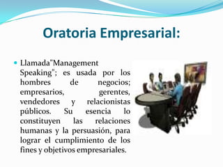 Oratoria Empresarial:
 Llamada"Management
 Speaking"; es usada por los
 hombres         de       negocios;
 empresarios,             gerentes,
 vendedores y relacionistas
 públicos.     Su     esencia    lo
 constituyen      las    relaciones
 humanas y la persuasión, para
 lograr el cumplimiento de los
 fines y objetivos empresariales.
 