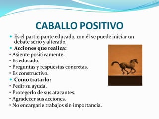 CABALLO POSITIVO
 Es el participante educado, con él se puede iniciar un
   debate serio y alterado.
 Acciones que realiza:
• Asiente positivamente.
• Es educado.
• Preguntas y respuestas concretas.
• Es constructivo.
 Como tratarlo:
• Pedir su ayuda.
• Protegerlo de sus atacantes.
• Agradecer sus acciones.
• No encargarle trabajos sin importancia.
 