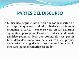 PARTES DEL DISCURSO
 El discurso, según el ámbito en que toque disertarlo o
 el grupo al que esta dirigido, obedece a diferentes
 esquemas o partes - como se verá en los capítulos
 siguientes-, pero, para efectos de un discurso de corte
 genérico podemos decir que consta de tres partes
 bien definidas, cada una de ellas con sus propias
 características y ligadas intrínsecamente la una con la
 otra para lograr el cometido esperado.
 