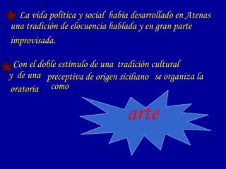   La vida política y social  había desarrollado en Atenas una tradición de elocuencia hablada y en gran parte improvisada.   Con el doble estímulo de una y  de una como arte tradición cultural preceptiva de origen siciliano oratoria se organiza la 