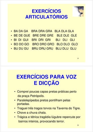 EXERCÍCIOS
ARTICULATÓRIOS
• BA DA GA BRA DRA GRA BLA DLA GLA
• BE DE GUE BRE DRE GRE BLE DLE GLE
• BI DI GUI BRI DRI GRI BLI DLI GLI
• BO DO GO BRO DRO GRO BLO DLO GLO
• BU DU GU BRU DRU GRU BLU DLU GLU
19
EXERCÍCIOS PARA VOZ
E DICÇÃO
• Comprei poucas capas pretas práticas perto
da praça Petrópolis.
• Paralelepípedos pretos pontilham pelas• Paralelepípedos pretos pontilham pelas
portadas.
• Traguei três tragos torvos na Taverna do Tigre.
• Chove a chuva chata.
• Trágica e tétrica tragédia lúgubre repercute por
bairros inteiros, provocando terror.
20
 