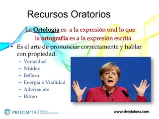www.sheylaluna.com
Recursos Oratorios
La Ortología es a la expresión oral lo que
la ortografía es a la expresión escrita
• Es el arte de pronunciar correctamente y hablar
con propiedad:
– Veracidad
– Nitidez
– Belleza
– Energía o Vitalidad
– Adecuación
– Ritmo
 