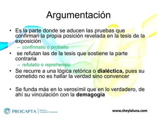 www.sheylaluna.com
Argumentación
• Es la parte donde se aducen las pruebas que
confirman la propia posición revelada en la tesis de la
exposición
– confirmatio o probatio
• se refutan las de la tesis que sostiene la parte
contraria
– refutatio o reprehensio
• Se recurre a una lógica retórica o dialéctica, pues su
cometido no es hallar la verdad sino convencer
• Se funda más en lo verosímil que en lo verdadero, de
ahí su vinculación con la demagogia
 