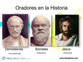 www.sheylaluna.com
Oradores en la Historia
Demóstenes Sócrates
Era tartamudo Mayeútica
Jesús
Autoridad
 