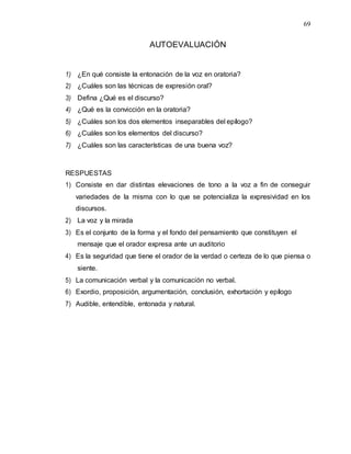 69
AUTOEVALUACIÓN
1) ¿En qué consiste la entonación de la voz en oratoria?
2) ¿Cuáles son las técnicas de expresión oral?
3) Defina ¿Qué es el discurso?
4) ¿Qué es la convicción en la oratoria?
5) ¿Cuáles son los dos elementos inseparables del epílogo?
6) ¿Cuáles son los elementos del discurso?
7) ¿Cuáles son las características de una buena voz?
RESPUESTAS
1) Consiste en dar distintas elevaciones de tono a la voz a fin de conseguir
variedades de la misma con lo que se potencializa la expresividad en los
discursos.
2) La voz y la mirada
3) Es el conjunto de la forma y el fondo del pensamiento que constituyen el
mensaje que el orador expresa ante un auditorio
4) Es la seguridad que tiene el orador de la verdad o certeza de lo que piensa o
siente.
5) La comunicación verbal y la comunicación no verbal.
6) Exordio, proposición, argumentación, conclusión, exhortación y epílogo
7) Audible, entendible, entonada y natural.
 