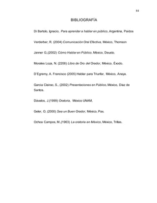 84
BIBLIOGRAFÍA
Di Bartolo, Ignacio, Para aprender a hablar en público, Argentina, Paidos
Verderber, R. (2004) Comunicación Oral Efectiva, México, Thomson
Janner G,;(2002) Cómo Hablar en Público, México, Deusto.
Morales Loza, N. (2206) Libro de Oro del Orador, México, Éxodo.
D’Egremy, A. Francisco (2005) Hablar para Triunfar, México, Anaya.
Garcia Clairac, S., (2002) Presentaciones en Público, México, Díaz de
Santos.
Dávalos, J.(1999) Oratoria, México UNAM,
Geler, O, (2000) Sea un Buen Orador, México, Pax.
Ochoa Campos, M.,(1963) La oratoria en México, México, Trillas.
 