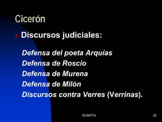 SCRIPTA 20
Discursos judiciales:
Cicerón
Defensa del poeta Arquías
Defensa de Roscio
Defensa de Murena
Defensa de Milón
Discursos contra Verres (Verrinas).
 