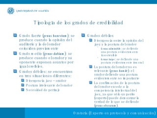 Tipología de los grados de credibilidad Grado fuerte ( genus honestum ): se produce cuando la opinión del auditorio y la del orador coinciden previamente Grado medio ( genus dubium ): se produce cuando el orador y su oponente exponen asuntos por igual creíbles. Grados débiles: se encuentran en tres situaciones diferentes: Divergencia juez – orador Postura irrelevante del orador Necesidad de peritaje Grados débiles Divergencia entre la opinión del juez y la postura del orador Genus admirabile : se defiende una postura evidentemente insostenible Genus turpe : se defiende una postura evidentemente inmoral La postura del orador no es relevante ( genus humile ): el orador defiende una postura evidentemente no importante La confirmación de la postura del orador excede a la competencia intelectual del juez, ya que sólo un perito (experto) puede demostrar la verdad de lo que se defiende ( genus obscurum ). 