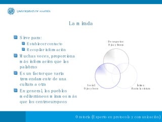 La mirada Sirve para: Establecer contacto Recopilar información Muchas veces, proporciona más información que las palabras Es un factor que varía tremendamente de una cultura a otra En general, los pueblos mediterráneos miramos más que los centroeuropeos De negocios: Ojos y frente Íntima: Hasta la cintura Social: Ojos y boca 