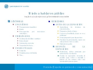 Miedo a hablar en público SÍNTOMAS COGNITIVOS Pensamientos negativos  Miedo  Preocupación por reacciones somáticas… FISIOLÓGICOS Aceleración del ritmo cardíaco Rubor facial Sudoración excesiva Sequedad de boca… CONDUCTUALES Evitación  Perturbaciones del habla  Tics... REMEDIOS ANTES DE LA EXPOSICIÓN Aprendizaje de técnicas de comunicación,  Preparar a fondo el tema  Conocer al auditorio al que se va a enfrentar Estar preparado para improvisar  Practicar la presentación, tanto con otra persona como a solas. Elaborar un guión DESPUÉS DE LA EXPOSICIÓN Refuérzate, debes premiarte por haber hecho el esfuerzo. Evalúa tu exposición: recuerda lo positivo para volver a repetirlo y piensa en los errores como una oportunidad para mejorar. http://web.ual.es/web/pServicio.jsp?id=31092&idServicio=34738  