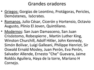 Grandes oradores
• Griegos: Gorgias de Leontino, Protágoras, Pericles,
Demóstenes, Isócrates.
• Romanos, Julio César, Cicerón y Hortensio, Octavio
Augusto, Plinio El Joven, Quintiliano.
• Modernos: San Juan Damasceno, San Juan
Crisóstomo, Robespierre , Martin Luther King,
Winston Churchill, Adolf Hitler, John Kennedy,
Simón Bolívar, Luigi Galleani, Philippe Henriot, Sir
Oswald Ernald Mosley, Juan Perón, Eva Perón,
Salvador Allende, Ernesto "Che" Guevara, Jaime
Roldós Aguilera, Haya de la torre, Mariano H
Cornejo.
 