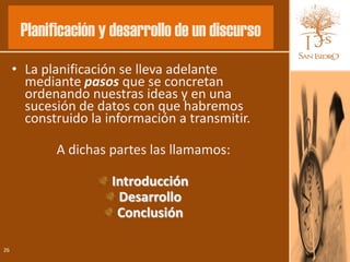 Planificación y desarrollo de un discurso
     • La planificación se lleva adelante
       mediante pasos que se concretan
       ordenando nuestras ideas y en una
       sucesión de datos con que habremos
       construido la información a transmitir.

            A dichas partes las llamamos:

                      Introducción
                       Desarrollo
                       Conclusión

26
 