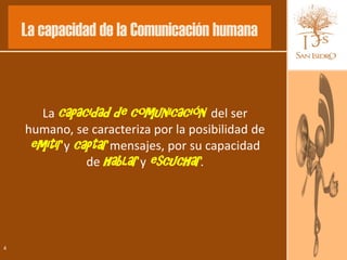 La capacidad de la Comunicación humana



       La capacidad de comunicación del ser
    humano, se caracteriza por la posibilidad de
     emitir y captar mensajes, por su capacidad
                de hablar y escuchar.




4
 