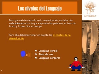 Los niveles del Lenguaje
    Para que exista sintonía en la comunicación, se debe dar
    coincidencia entre lo que expresan las palabras, el tono de
    la voz y lo que dice el cuerpo.


    Para ello debemos tener en cuenta los 3 niveles de la
    comunicación:




                           Lenguaje verbal
                           Tono de voz
                           Lenguaje corporal




9
 