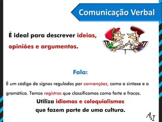 Comunicação Verbal
Fala:
É um código de signos regulados por convenções, como a sintaxe e a
gramática. Temos registros que classificamos como forte e fracos.
Utiliza idiomas e coloquialismos
que fazem parte de uma cultura.
É ideal para descrever ideias,
opiniões e argumentos.
 