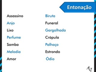 Entonação
Assassino Biruta
Anjo Funeral
Lixo Gargalhada
Perfume Crápula
Samba Palhaço
Melodia Estrondo
Amor Ódio
 