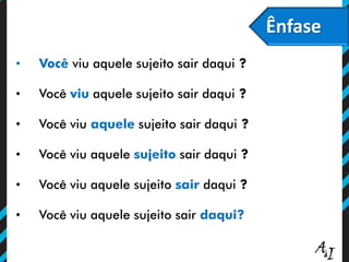 Ênfase
• Você viu aquele sujeito sair daqui ?
• Você viu aquele sujeito sair daqui ?
• Você viu aquele sujeito sair daqui ?
• Você viu aquele sujeito sair daqui ?
• Você viu aquele sujeito sair daqui ?
• Você viu aquele sujeito sair daqui?
 