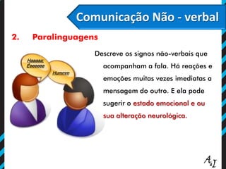 Comunicação Não - verbal
2. Paralinguagens
Descreve os signos não-verbais que
acompanham a fala. Há reações e
emoções muitas vezes imediatas a
mensagem do outro. E ela pode
sugerir o estado emocional e ou
sua alteração neurológica.
Haaaaa;
Éeeeeee
Hummm
 
