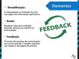Elementos Decodificação:
A interpretação e a tradução de uma
mensagem em informação significativa.
 Ruído:
Qualquer coisa que confunda,
perturbe, diminua ou interfira na
comunicação.
 Feedback:
O reverso do processo de comunicação,
que ocorre quando o receptor expressa
sua reação à mensagem do emissor.
 