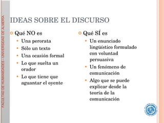 IDEAS SOBRE EL DISCURSO Qué NO es  Una perorata Sólo un texto Una ocasión formal Lo que suelta un orador Lo que tiene que aguantar el oyente Qué SÍ es Un enunciado lingüístico formulado con voluntad persuasiva Un fenómeno de comunicación Algo que se puede explicar desde la teoría de la comunicación 