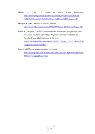 31
Méndez, P. (1991). El orador (a Marco Bruto). Recuperado:
https://historicodigital.com/download/Ciceron%20Marco%20Tulio%20-
%20El%20Orador%20-%20A%20Marco%20Bruto%20(bilingue).pdf
Munguía, S. (2004). Manual de oratoria. Limusa.
https://es.scribd.com/document/388880857/Manual-de-Oratoria-Muguia-pdf
Robles, C. y Fuentes, G. (2017) La oratoria como herramienta indispensable en el
proceso de enseñanza-aprendizaje del jurista [Tesis de licenciatura en
Derecho, Universidad Autónoma de México]
http://ri.uaemex.mx/bitstream/handle/20.500.11799/68212/%28TESIS%29.pd
f?sequence=1&isAllowed=y
Roda, A. (1972). Los oradores griegos. Lecciones.
https://books.google.com.pe/books?id=U9viFQUPP34C&printsec=frontcover
&hl=es#v=onepage&q&f=false
 
