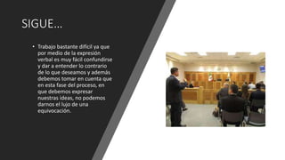 SIGUE…
• Trabajo bastante difícil ya que
por medio de la expresión
verbal es muy fácil confundirse
y dar a entender lo contrario
de lo que deseamos y además
debemos tomar en cuenta que
en esta fase del proceso, en
que debemos expresar
nuestras ideas, no podemos
darnos el lujo de una
equivocación.
 