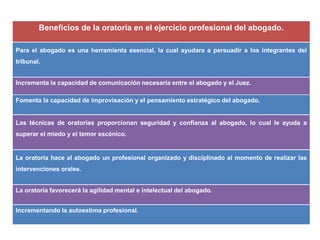 Beneficios de la oratoria en el ejercicio profesional del abogado.
Para el abogado es una herramienta esencial, la cual ayudara a persuadir a los integrantes del
tribunal.
Incrementa la capacidad de comunicación necesaria entre el abogado y el Juez.
Fomenta la capacidad de improvisación y el pensamiento estratégico del abogado.
Las técnicas de oratorias proporcionan seguridad y confianza al abogado, lo cual le ayuda a
superar el miedo y el temor escénico.
La oratoria hace al abogado un profesional organizado y disciplinado al momento de realizar las
intervenciones orales.
La oratoria favorecerá la agilidad mental e intelectual del abogado.
Incrementando la autoestima profesional.
 