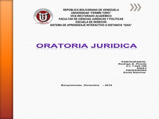 REPÚBLICA BOLIVARIANA DE VENEZUELA
UNIVERSIDAD “FERMÍN TORO”
VICE-RECTORADO ACADÉMICO
FACULTAD DE CIENCIAS JURÍDICAS Y POLÍTICAS
ESCUELA DE DERECHO
SISTEMA DE APRENDIZAJE INTERACTIVO A DISTANCIA “SAIA”
PARTICIPANTE:
Rodrigo A. Pineda
C.I. 7.420.150
SAIA-I
PROFESORA
Emily Ramírez
Barquisimeto Diciembre – 2016
 