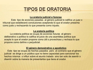 TIPOS DE ORATORIA
La oratoria judicial o forense
Este tipo de acciones pasadas al género judicial lo califica un juez o
tribunal que establecerá conclusiones aceptando lo que el orador presenta
como justo y rechazando lo que presenta como injusto.
La oratoria política
La oratoria política se ocupa de acciones futuras al género
deliberativo o político lo califica el juicio de una asamblea política que
acepta lo que el orador propone como útil o provechoso y rechaza lo que
propone como dañino o perjudicial.
El género demostrativo o apodíctico
Este tipo se ocupa de hechos pasados pero al contrario que el género
judicial se dirige a un público que no tiene capacidad para sancionar los
hechos mismos o influir sobre el asunto tratado sino tan solo de asentir o
disentir sobre la manera de presentarlos que tiene el orador.
 