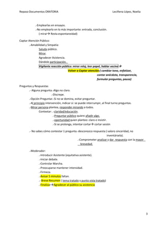 Repaso Documentos ORATORIA Leciñena López, Noelia
3
.-Emplearlas en ensayos.
.-No emplearlo en lo más importante: entrada, conclusión.
( mirar Resta espontaneidad)
Captar Atención Público:
.-Amabilidad y Simpatía:
Saluda público.
Mirar.
Agradecer Asistencia.
Dándole participación.
Vigilante reacción público: mirar reloj, leer papel, hablar vecino
Volver a Captar atención:( cambiar tono, enfatizar,
contar anécdota, transparencia,
formular preguntas, pausa)
Preguntas y Respuestas
.- Alguna pregunta.-Algo no claro.
.-Discrepe.
.-Opción Preguntar.-Si no se domina, evitar preguntar.
.-Al principio intervención, indicar si: se puede interrumpir, al final turno preguntas.
.-Mirar persona plantea, responder mirando a todos.
Contextar: .-claridad/educación.
.-Preguntar público quiere añadir algo.
.-oportunidad quien planteo: claro e insistir.
.-Si se prolonga, intentar cortar cortar sesión
.- No sabes cómo contestar 1 pregunta.-desconozco respuesta ( valoro sinceridad, no
inventársela).
.-Comprometer analizar y dar respuesta con la mayor
brevedad.
.-Moderador:
.-Introducir Asistente (equitativa asistente).
.-Iniciar debate.
.-Controlar Marcha.
.-Preocuparse mantener intensidad.
.-Firmeza.
.-Avisar 5 minutos faltan.
.- Breve Resumen ( tema tratado y punto vista tratado)
.-Finalizar Agradecer al público su asistencia
 