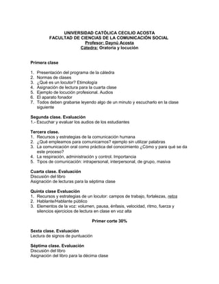 UNIVERSIDAD CATÓLICA CECILIO ACOSTA
FACULTAD DE CIENCIAS DE LA COMUNICACIÓN SOCIAL
Profesor: Daynú Acosta
Cátedra: Oratoria y locución
Primera clase
1. Presentación del programa de la cátedra
2. Normas de clases
3. ¿Qué es un locutor? Etimología
4. Asignación de lectura para la cuarta clase
5. Ejemplo de locución profesional. Audios
6. El aparato fonador
7. Todos deben grabarse leyendo algo de un minuto y escucharlo en la clase
siguiente
Segunda clase. Evaluación
1.- Escuchar y evaluar los audios de los estudiantes
Tercera clase.
1. Recursos y estrategias de la comunicación humana
2. ¿Qué empleamos para comunicarnos? ejemplo sin utilizar palabras
3. La comunicación oral como práctica del conocimiento ¿Cómo y para qué se da
este proceso?
4. La respiración, administración y control. Importancia
5. Tipos de comunicación: intrapersonal, interpersonal, de grupo, masiva
Cuarta clase. Evaluación
Discusión del libro
Asignación de lecturas para la séptima clase
Quinta clase Evaluación
1. Recursos y estrategias de un locutor: campos de trabajo, fortalezas, retos
2. Hablante/Hablante público
3. Elementos de la voz: volumen, pausa, énfasis, velocidad, ritmo, fuerza y
silencios ejercicios de lectura en clase en voz alta
Primer corte 30%
Sexta clase. Evaluación
Lectura de signos de puntuación
Séptima clase. Evaluación
Discusión del libro
Asignación del libro para la décima clase
 