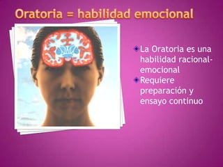 La Oratoria es una
habilidad racionalemocional
Requiere
preparación y
ensayo continuo

 