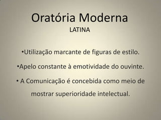 Grandes oradores da antiguidadeMarco Túlio CÍCERO(106 a 43 a.C.)Lingüista, Tradutor e Filósofo. Foi Advogado e Político na Roma AntigaEscreveu, entre outras obras:Catilinas, Philípicas.Existem três importantes gêneros:Judicial: civis, judiciais, do passado