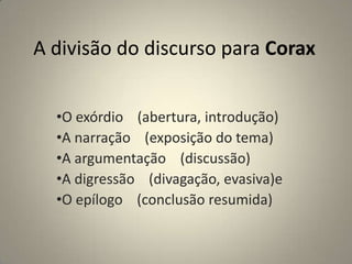 A divisão do discurso para CoraxO exórdio    (abertura, introdução)