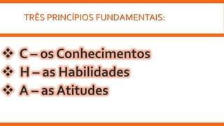TRÊS PRINCÍPIOS FUNDAMENTAIS:
 C – os Conhecimentos
 H – as Habilidades
 A – as Atitudes
 