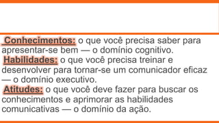 Conhecimentos: o que você precisa saber para
apresentar-se bem — o domínio cognitivo.
Habilidades: o que você precisa treinar e
desenvolver para tornar-se um comunicador eficaz
— o domínio executivo.
Atitudes: o que você deve fazer para buscar os
conhecimentos e aprimorar as habilidades
comunicativas — o domínio da ação.
 