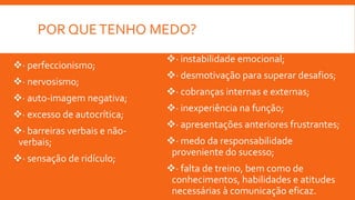POR QUETENHO MEDO?
· perfeccionismo;
· nervosismo;
· auto-imagem negativa;
· excesso de autocrítica;
· barreiras verbais e não-
verbais;
· sensação de ridículo;
· instabilidade emocional;
· desmotivação para superar desafios;
· cobranças internas e externas;
· inexperiência na função;
· apresentações anteriores frustrantes;
· medo da responsabilidade
proveniente do sucesso;
· falta de treino, bem como de
conhecimentos, habilidades e atitudes
necessárias à comunicação eficaz.
 