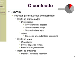 Equipe

O conteúdo

Tema
Fala
•Preparo
•Técnicas
•Conteúdo
introdução

 Exórdio


Técnicas para situações de hostilidade
 Hostil ao apresentador
 Desconhecido
 Circunstância de pessoas
 Circunstância de tempo
 Circunstância de lugar
 Jovem
 Citação de uma autoridade no assunto


Hostil ao tema
 Neutralidade
 Buscar os pontos comuns
 Produzir o despoliciamento



Hostil ao ambiente
 Prometer brevidade e cumprir
30

 