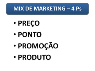 MIX DE MARKETING – 4 Ps
• PREÇO
• PONTO
• PROMOÇÃO
• PRODUTO
 