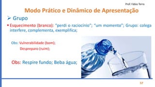 Prof. Fábio Terra
57
Modo Prático e Dinâmico de Apresentação
 Grupo
 Esquecimento (branco): “perdi o raciocínio”; “um momento”; Grupo: colega
interfere, complementa, exemplifica;
Obs: Vulnerabilidade (bom);
Despreparo (ruim);
Obs: Respire fundo; Beba água;
 